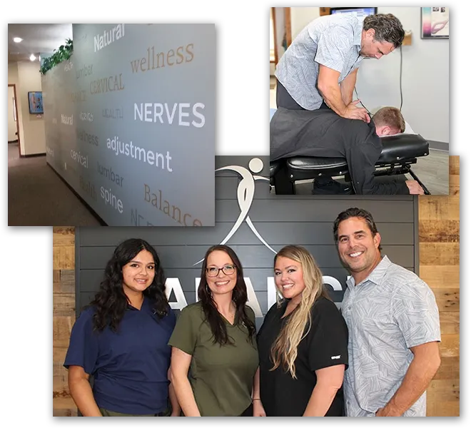 Boise chiropractic team group photo and chiropractor performing spinal adjustment.